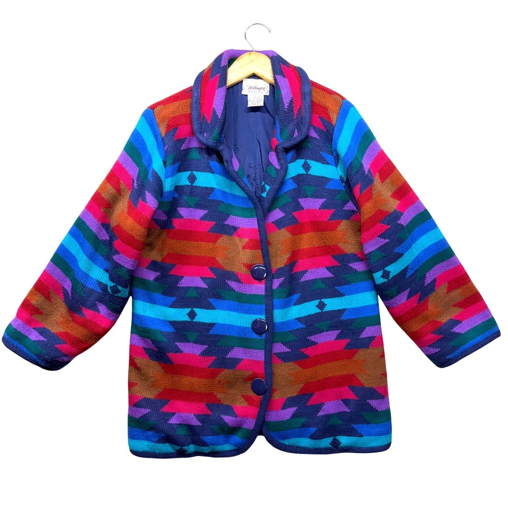 Vintage Rainbow Southwestern Geometric Knit Jacket Multi-Color Small‎